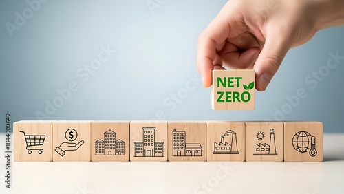 Net Zero Concept - Hand Placing Block on Wooden Cubes.
