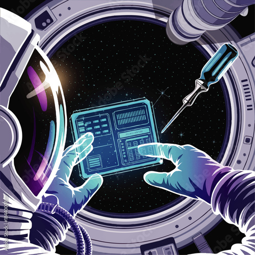 Futuristic astronaut using holographic interface in outer space station window, sci fi space exploration technology, digital illustration