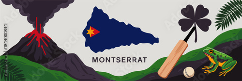 Montserrat island illustration with volcano, national map, cricket bat, shamrock and tropical frog in colorful Caribbean landscape