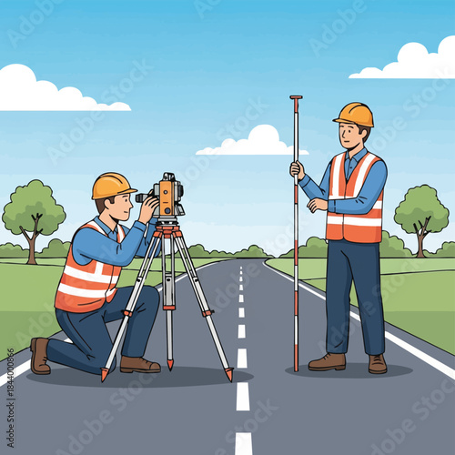 Surveyors measuring road with theodolite and staff.