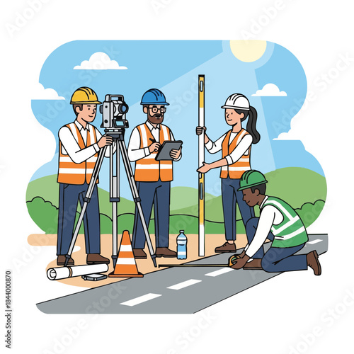 Construction Workers Using Equipment and Tools on Roadside During Daytime.