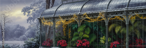 Winter greenhouse with warm fairy lights and lush tropical plants against snowy forest landscape, festive poinsettias at dusk