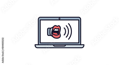 digital voice assistant icon displayed on a laptop screen featuring a talking mouth with sound waves illustrating modern speech recognition and ai interaction.