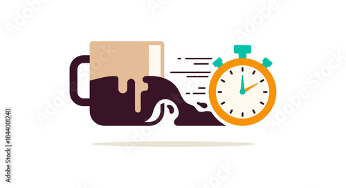 fast-moving coffee mug spilling liquid next to a stopwatch symbolizing quick caffeine urgency and efficient time management.