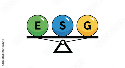 esg concept with e s g spheres on a balanced scale symbolizing corporate sustainability and ethical investment strategies.