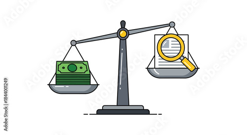 financial due diligence concept balance scale weighing money against documents with magnifying glass symbolizing value.