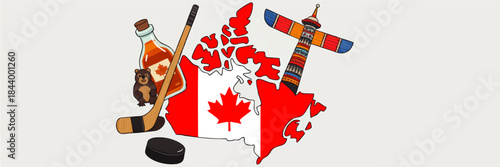 Colorful Canada Icons Illustration with Maple Leaf Flag, Hockey Stick, Puck, Maple Syrup Bottle, Bear and Totem Pole Design
