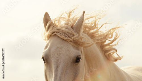 Light-maned horse in soft backlight with flowing hair against pale sky