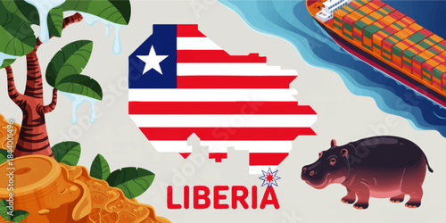 Liberia map with national flag stripes, rainforest deforestation, port shipping and wildlife hippo, colorful educational illustration