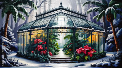 Enchanted winter greenhouse with tropical flowers, glowing glass conservatory in snowy forest, magical botanical garden illustration