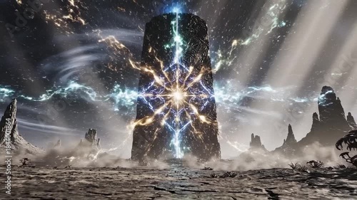 Mysterious Alien Monolith Emitting Energy on a Desolate Planet.