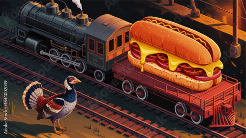 Giant cheesy sandwich on train wagon with steam locomotive and colorful bird, whimsical food transportation fantasy illustration