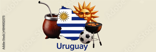 Uruguay culture illustration with map flag sun symbol mate gourd barbecue grill soccer ball on beige background travel concept