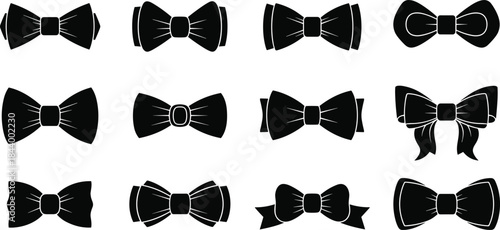 Elegant bow tie icons black silhouette set, various shapes knot accessories collection for formal wear men's fashion and classic decoration vector illustration, graphic design element.
