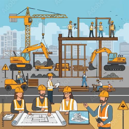 Construction Site with Workers and Heavy Machinery During Daytime.