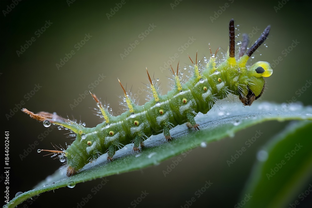 Naklejka premium Stunning close-up of a vibrant green caterpillar adorned with sparkling water droplets crawling along a lush leaf in nature