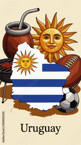 Uruguay culture illustration with national map flag, sun emblem, mate drink, barbecue grill, soccer ball and rugby ball on beige background