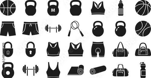 Fitness and Sports Equipment Icons Set, Including Kettlebells, Dumbbells, Basketballs, Gym Clothing, Water Bottles, Yoga Mats, and Workout Bags, Black Silhouette Vector Illustration Collection