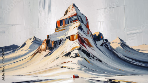 Abstract winter mountain landscape illustration with towering snowy peak, colorful rocky cliffs and small red cabin in serene arctic valley