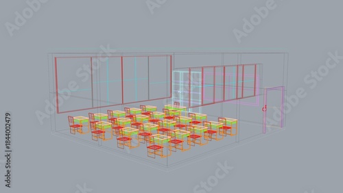 Realistic School Classroom Interior with Wooden Desks and Chairs