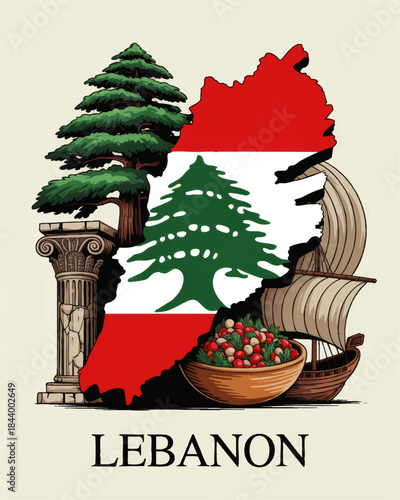 Lebanon cultural illustration with cedar tree, flag map, ancient column, Phoenician ship and traditional food on beige background