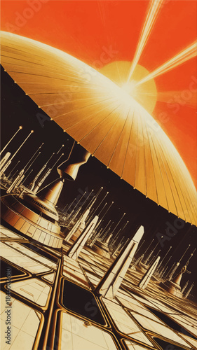 Futuristic space city under giant solar shield with radiant sunbeams, sci fi architecture, golden retro space illustration