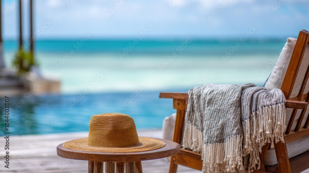 Obraz premium Relaxation Spot by the Sea With a Wooden Lounge Chair, Straw Hat, and Horizon View on a Sunny Day in a Resort Area