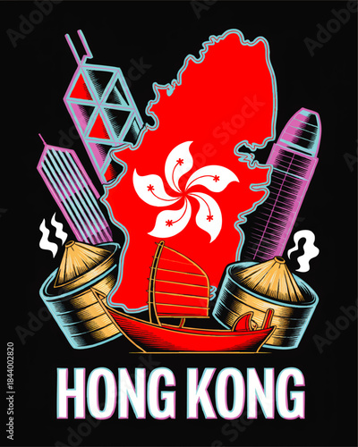 Vibrant Hong Kong illustration with city skyline, junk boat, dim sum baskets and map silhouette on black neon graphic background