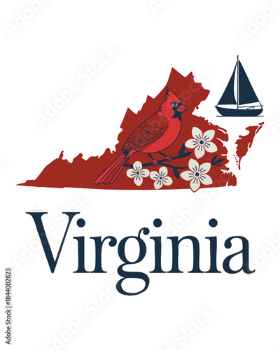 Virginia state illustration with red cardinal bird, dogwood flowers and sailboat, vintage travel art, navy and red vector design