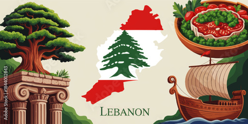 Lebanon cultural illustration with cedar tree, flag map, ancient temple columns, Phoenician ship and traditional Lebanese food