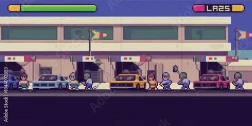 Retro pixel art racing pit stop scene with colorful sports cars, crew mechanics, urban street background and game HUD interface