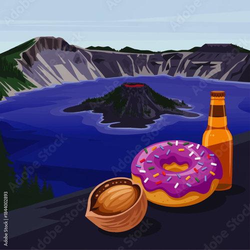 Colorful picnic with donut and beer overlooking volcanic island in blue crater lake, summer travel food illustration