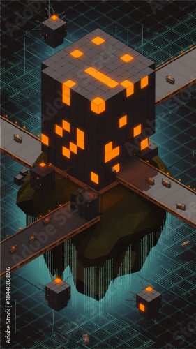 Futuristic cyberpunk data cube landscape with glowing orange neon blocks, floating island, digital grid and isometric sci fi architecture