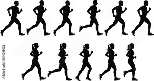 Running Man and Woman Silhouette Vector Set, Side View of Runners in Motion, Sprinting and Jogging Poses for Fitness, Sport, and Healthy Lifestyle Concept