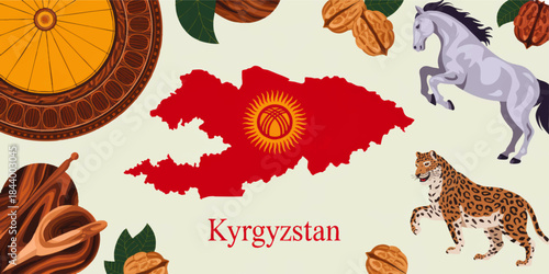 Kyrgyzstan cultural illustration with flag map, traditional symbols, horse, snow leopard, walnuts and ethnic Central Asian design