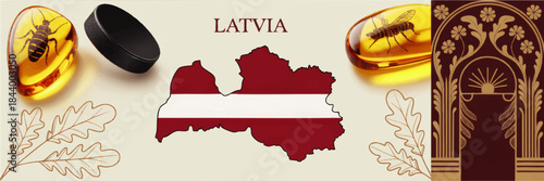 Latvia culture illustration with amber insects, map in national flag colors, oak leaves and art deco ornament on light background