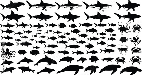 Silhouette Black and White Ocean Sea Animals Megapack Vector Illustration Including Sharks, Fish, Dolphin, Octopus, Crab, Shrimp, and Sea Turtle Graphic Elements Collection