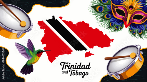 Trinidad and Tobago carnival illustration with map, steelpan drums, hummingbird, feather mask and festive Caribbean design