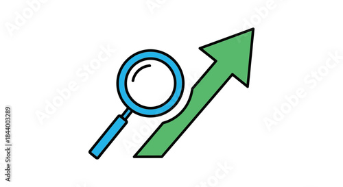 magnifying glass green upward arrow graphic for market analysis strategic planning research business growth financial success.