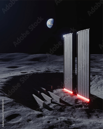 Futuristic lunar gateway with glowing red lights and Earth in space, sci fi moon landscape, mysterious alien portal illustration