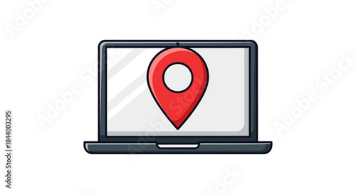laptop displaying a red location pin icon symbolizing digital navigation online maps gps tracking and smart location services.