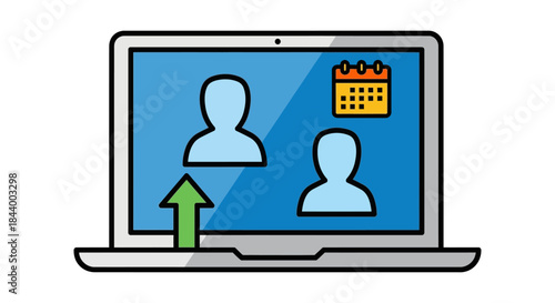 laptop screen with online meeting user profiles calendar and arrow symbolizing virtual collaboration and remote work.