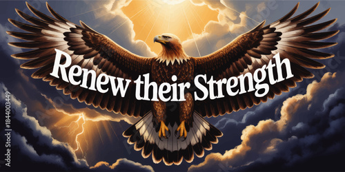 Majestic soaring eagle with outstretched wings over storm clouds and heavenly light, inspirational Christian renewal artwork
