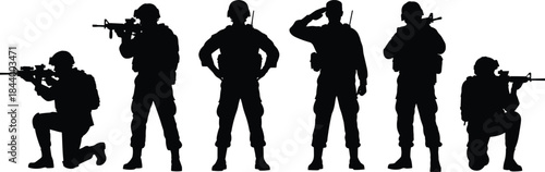 Silhouette of diverse military special forces soldiers in various combat positions, including kneeling, standing, aiming rifle, and saluting, vector illustration