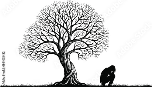 Silhouette of Depressed Person Crying or Grieving Alone Under a Dead Leafless Tree, Representing Sadness, Loss, Mental Health, Loneliness, Grief, and Emotional Pain Vector Illustration