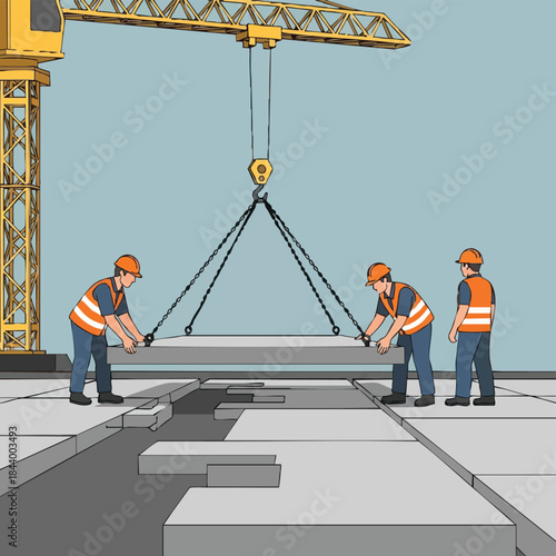 Construction Crew in Action: A skilled construction crew meticulously positions a concrete slab, working in unison beneath the watchful eye of a towering crane, a testament to industry and precision.