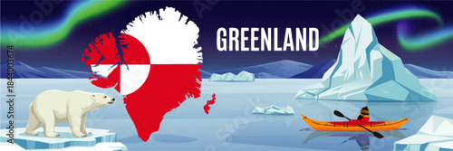 Greenland travel illustration with polar bear, iceberg, kayak and northern lights over arctic ice landscape and flag map