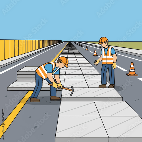 Road Construction in Progress: A team of construction workers diligently paving a stretch of road, showcasing the processes of road repair, maintenance, and infrastructure development.