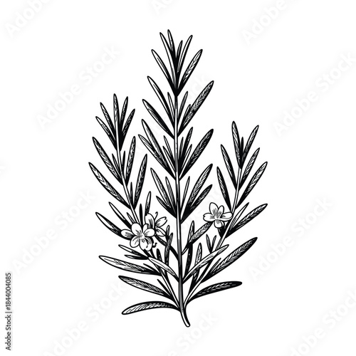 A detailed botanical illustration of rosemary sprigs with delicate flowers