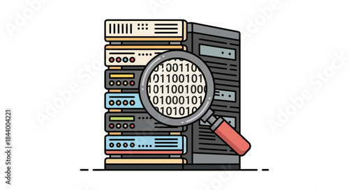 magnifying glass observing binary code on server racks illustrating data analysis it infrastructure and network security concepts.